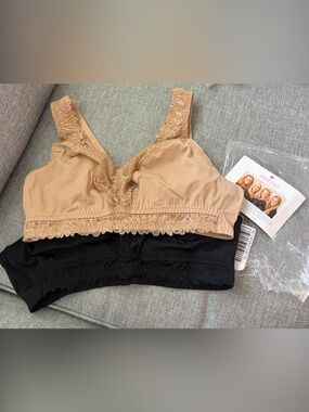 Breezies Black & Nude Lace-Trim Soft Support Wirefree Bra XL.